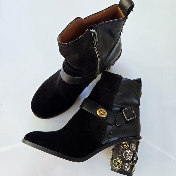 Coach 1941 Womens Moto Boot Tea Rose Heel Blk Suede/Velvet EUC Size 7.5 - Picture 1 of 11